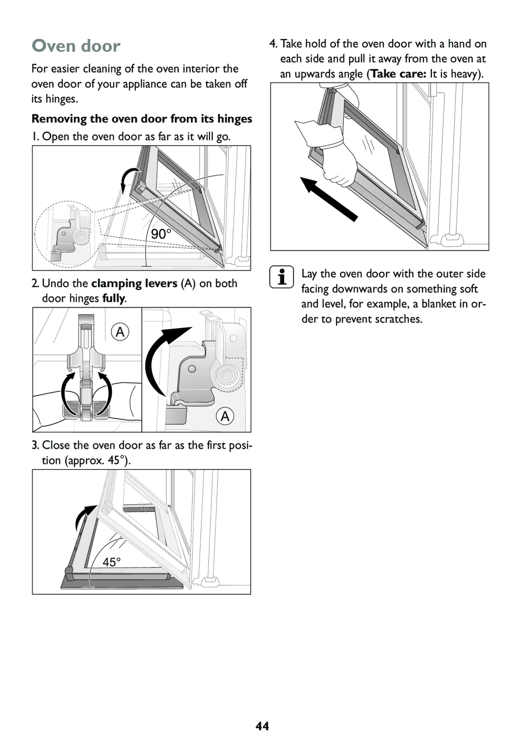 Electrolux JLBIOS608 manual Oven door, Removing the oven door from its hinges 