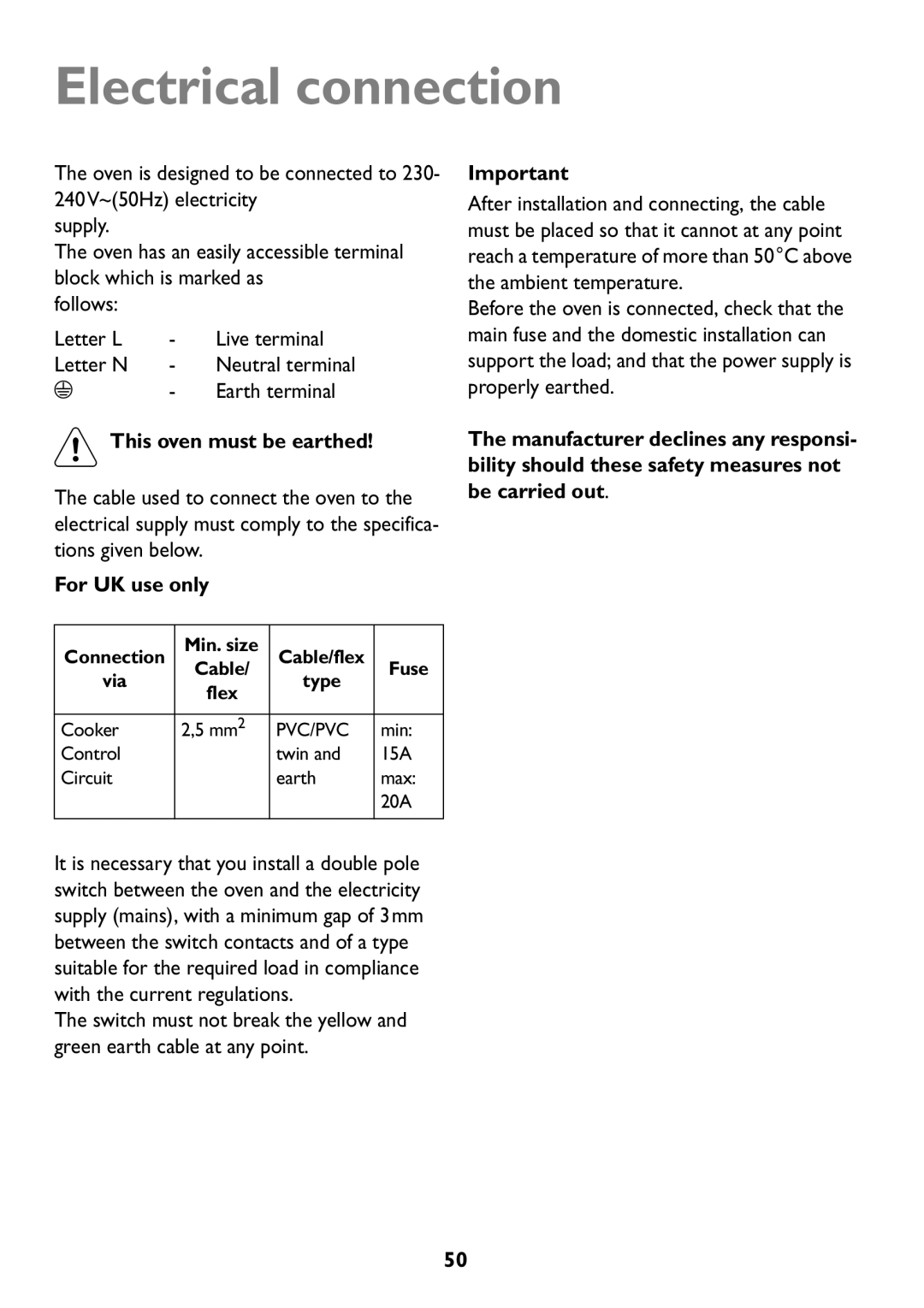 Electrolux JLBIOS608 manual Electrical connection, This oven must be earthed, For UK use only, Type 