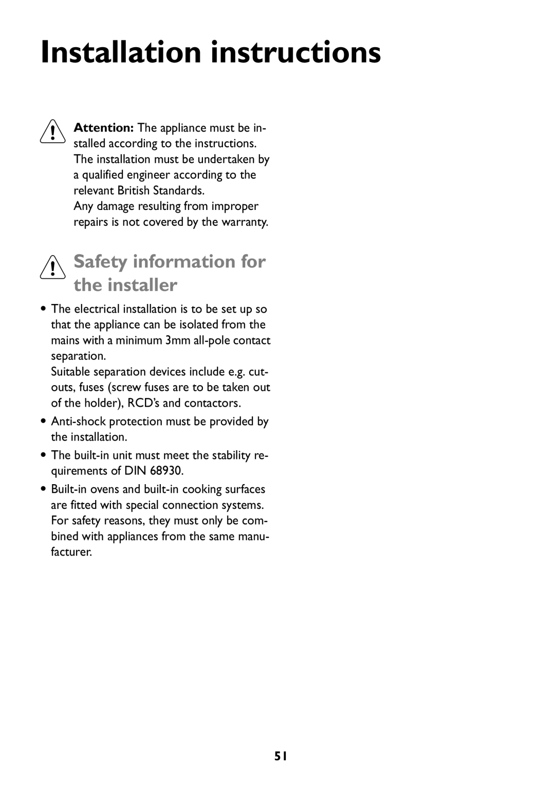 Electrolux JLBIOS608 manual Installation instructions, Safety information for Installer 