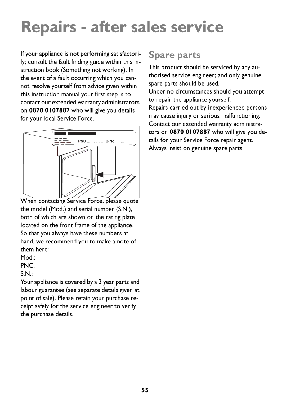 Electrolux JLBIOS608 manual Repairs after sales service, Spare parts 