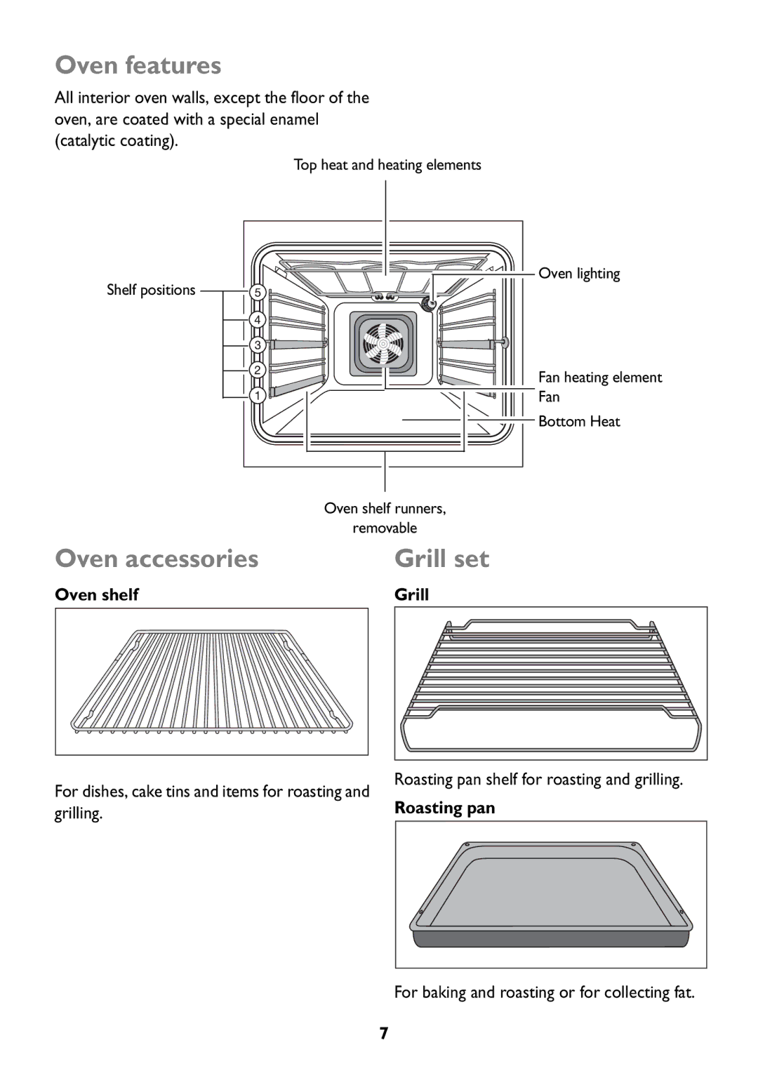 Electrolux JLBIOS608 manual Oven features, Oven accessories, Oven shelf, Roasting pan, Grill 