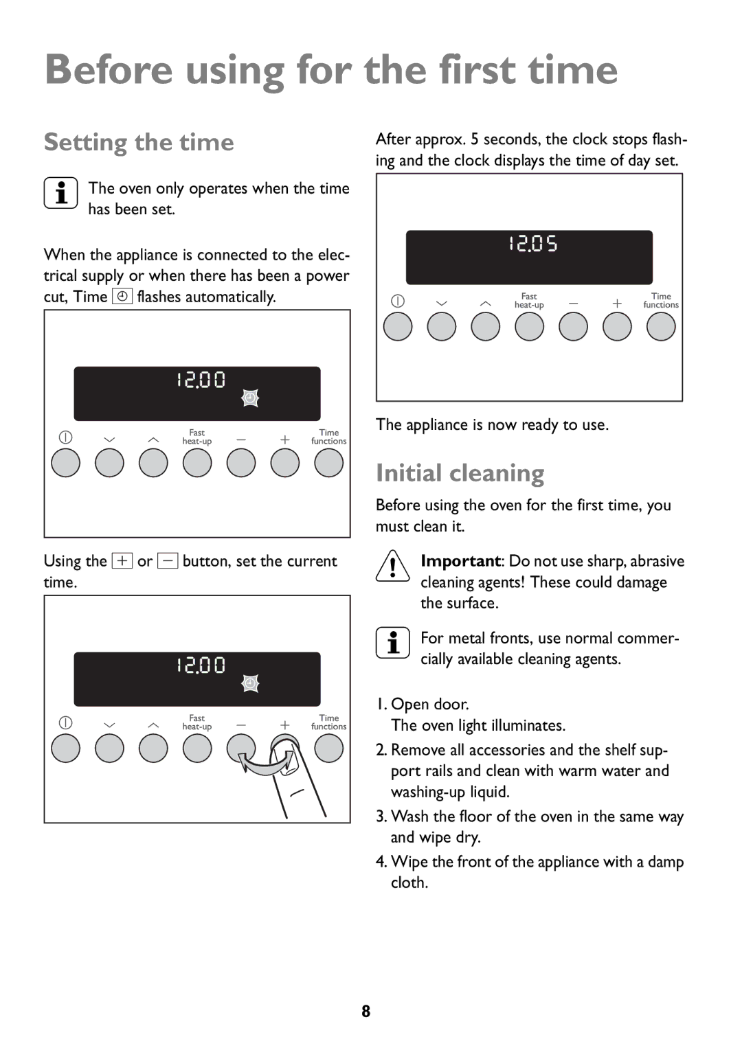 Electrolux JLBIOS608 manual Before using for the first time, Setting the time, Initial cleaning 