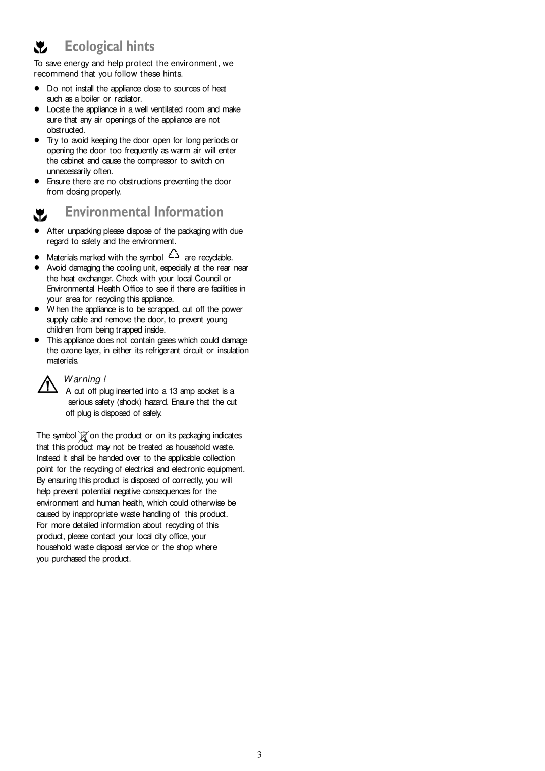 Electrolux JLLFW 1805 instruction manual Ecological hints 