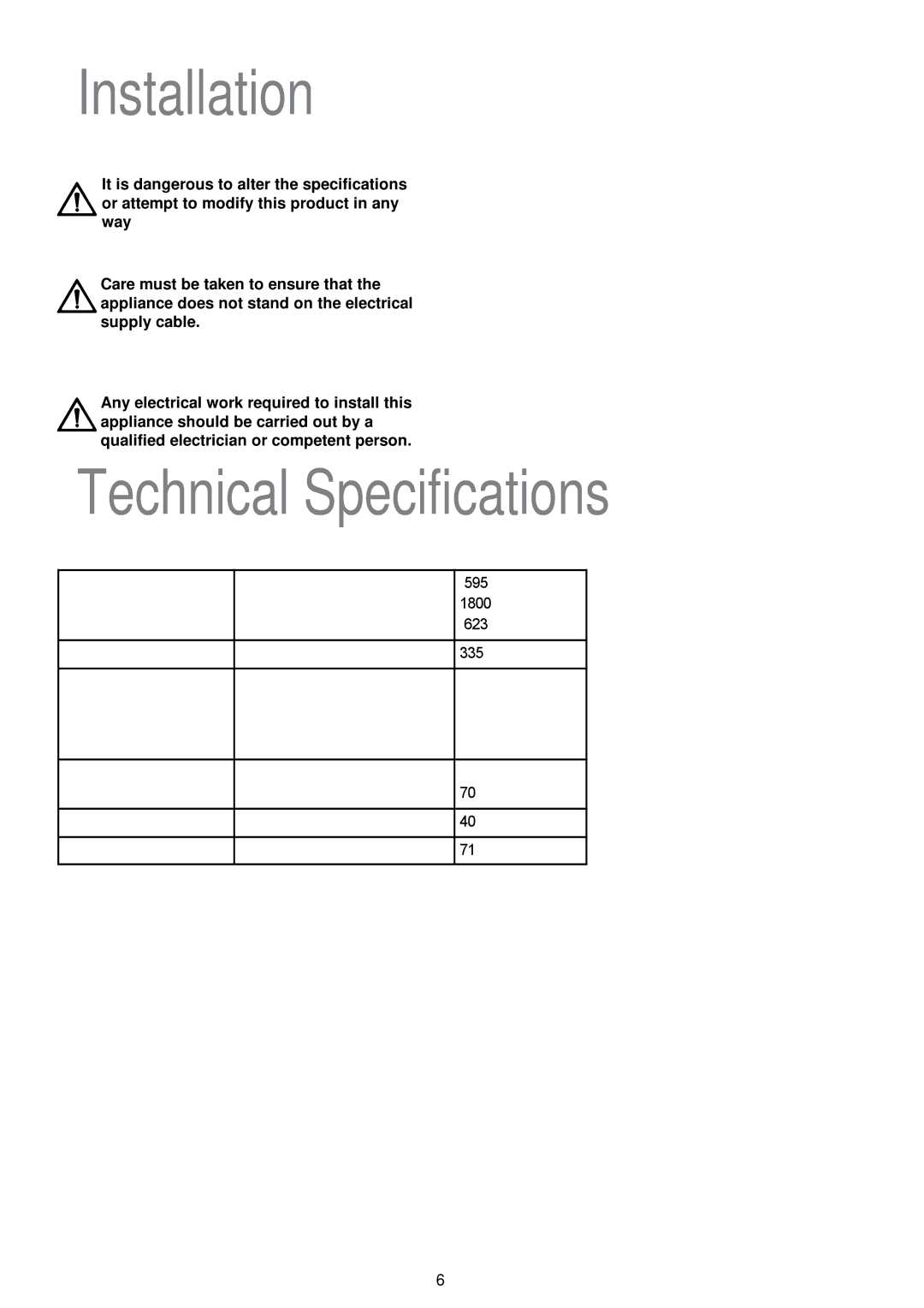 Electrolux JLLFW 1805 instruction manual Installation, Technical Specifications 