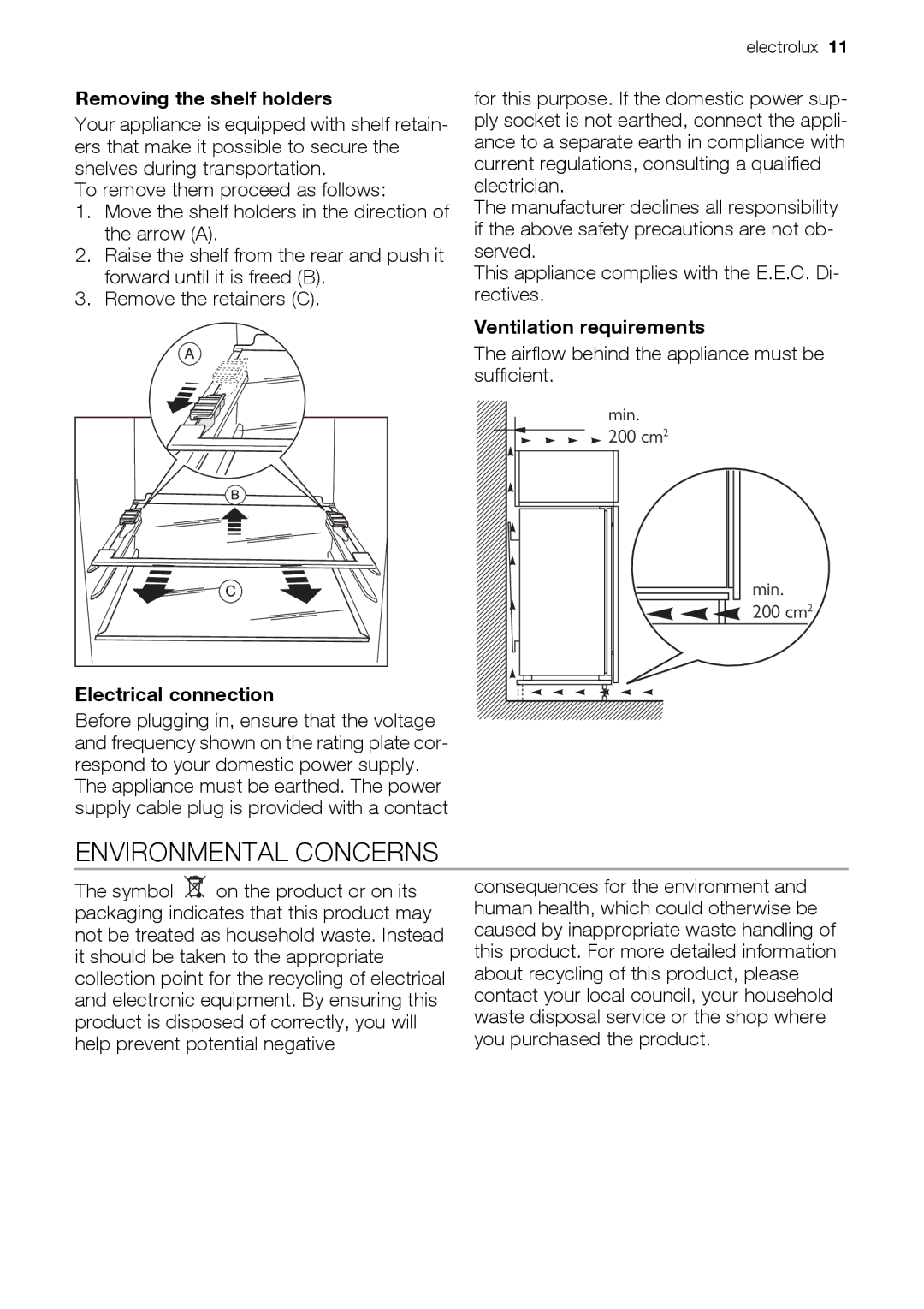 Electrolux JRG 90106 Environmental Concerns, Removing the shelf holders, Electrical connection, Ventilation requirements 