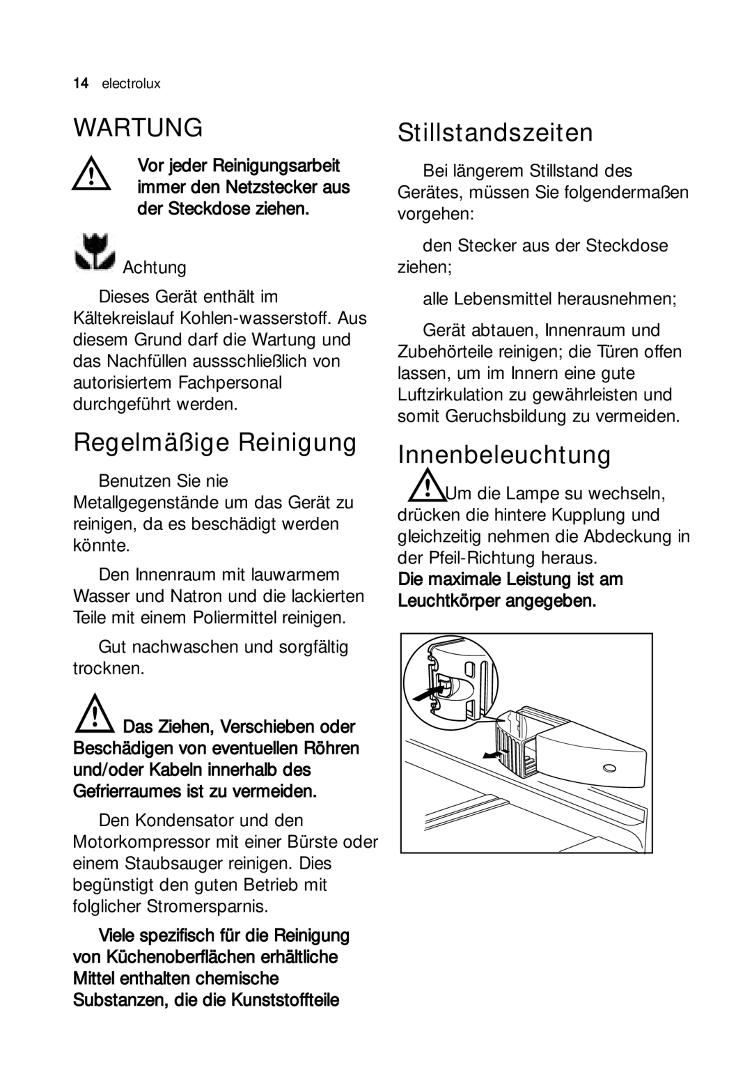 Electrolux JRG 94126 manual Wartung, Regelmäßige Reinigung, Stillstandszeiten, Innenbeleuchtung 