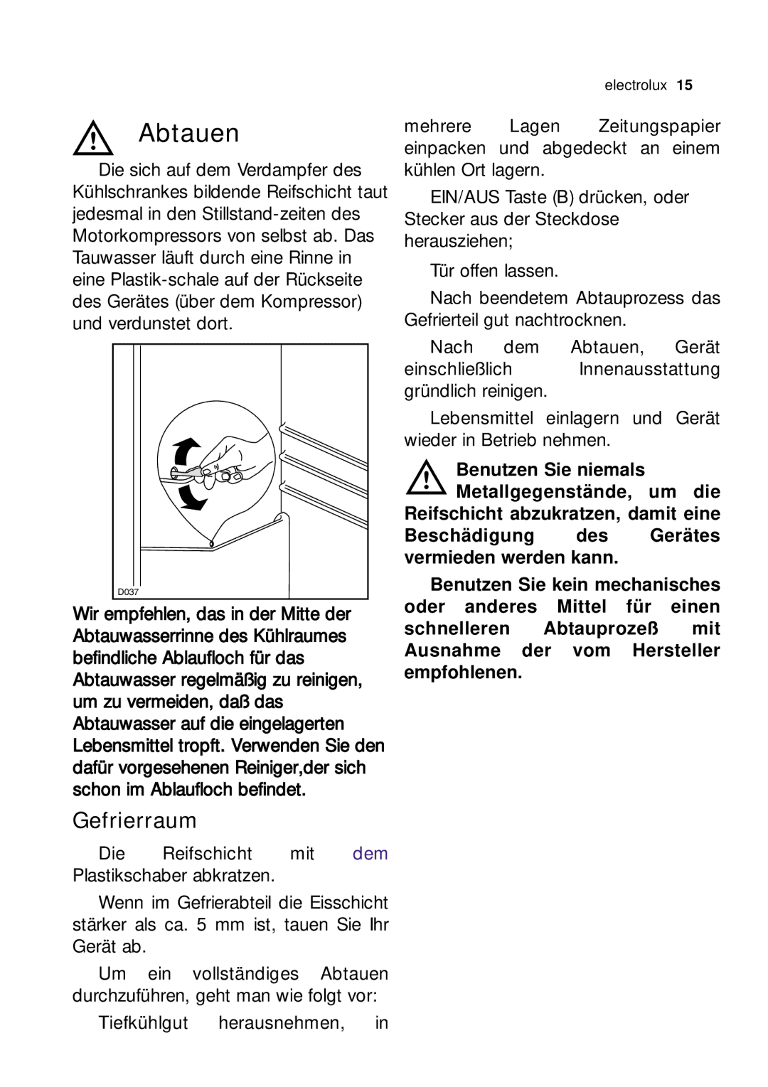 Electrolux JRG 94126 manual Abtauen, Gefrierraum 