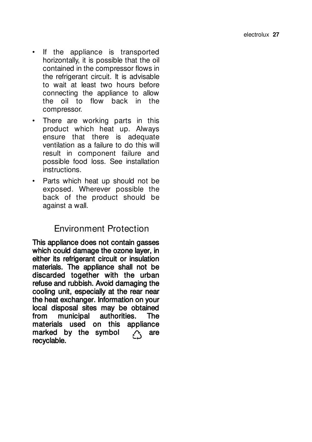 Electrolux JRG 94126 manual Environment Protection, Marked by the symbol are recyclable 