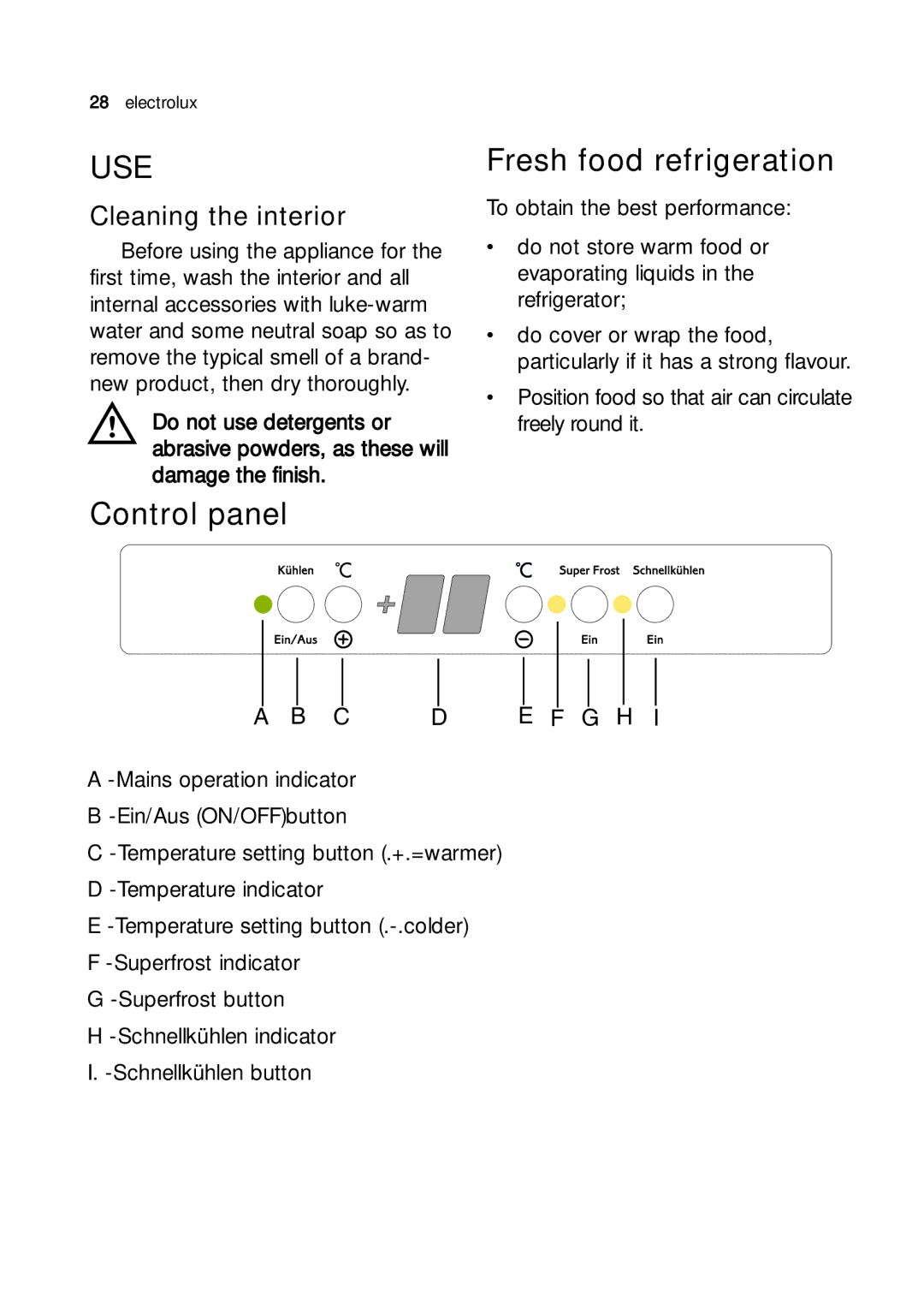 Electrolux JRG 94126 manual Use, Fresh food refrigeration, Control panel, Cleaning the interior 