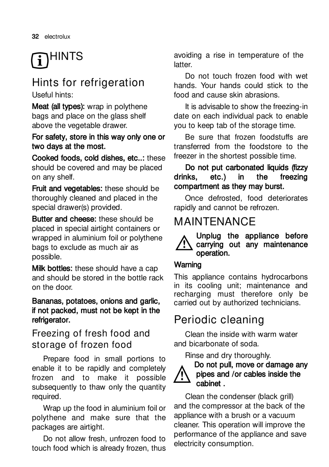 Electrolux JRG 94126 manual Hints for refrigeration, Maintenance, Periodic cleaning 