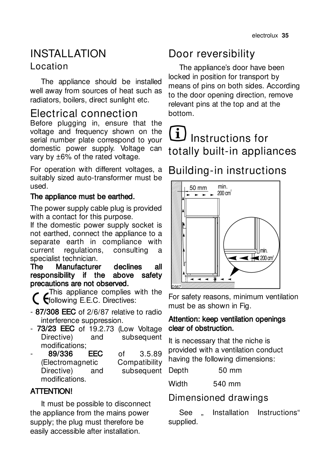 Electrolux JRG 94126 Electrical connection, Door reversibility, Building-in instructions, Location, Dimensioned drawings 