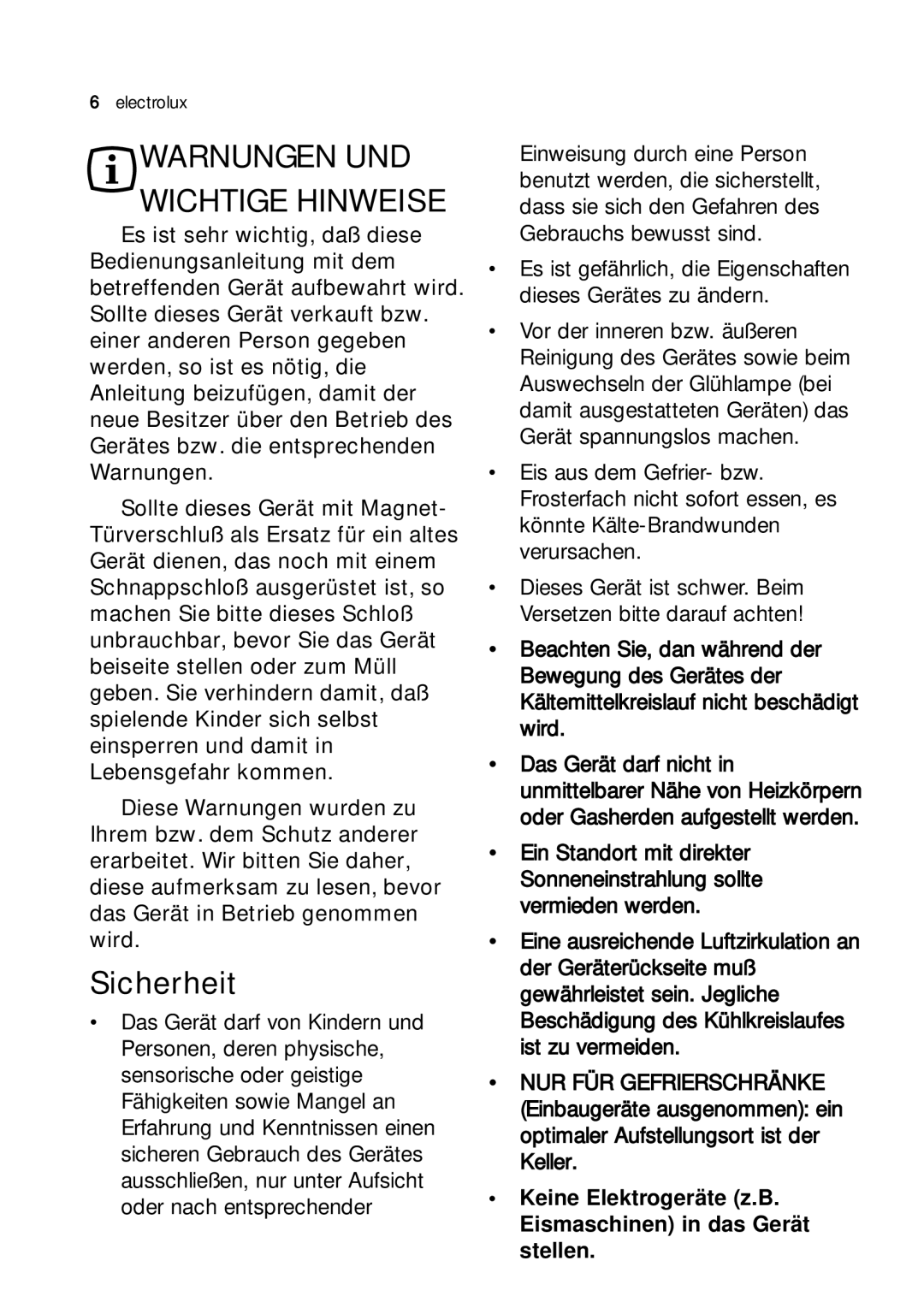 Electrolux JRG 94126 manual Warnungen UND Wichtige Hinweise, Sicherheit 