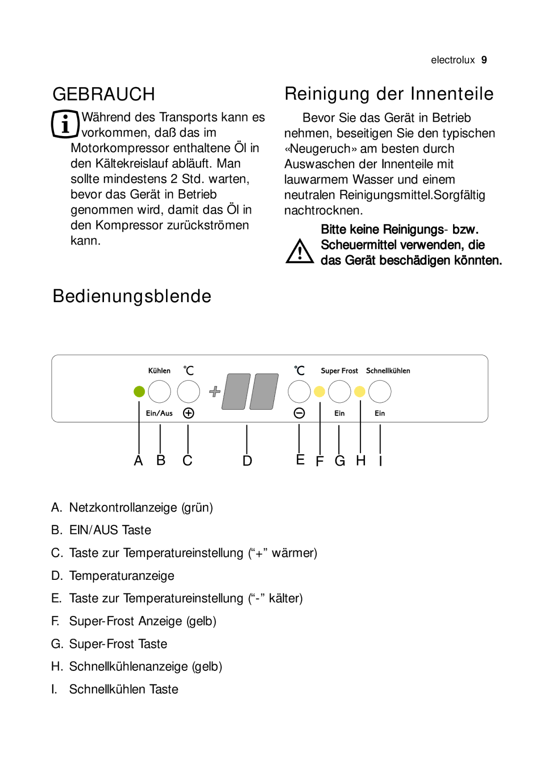 Electrolux JRG 94126 manual Gebrauch, Reinigung der Innenteile, Bedienungsblende 