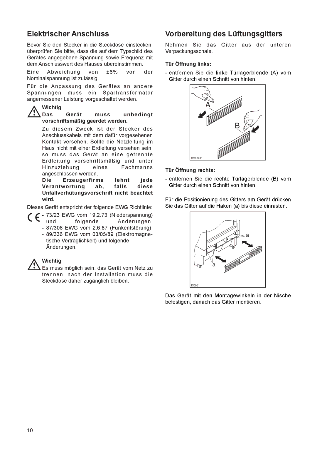 Electrolux JRU 44601 manual Elektrischer Anschluss, Vorbereitung des LŸftungsgitters, Wichtig, TŸr …ffnung links 