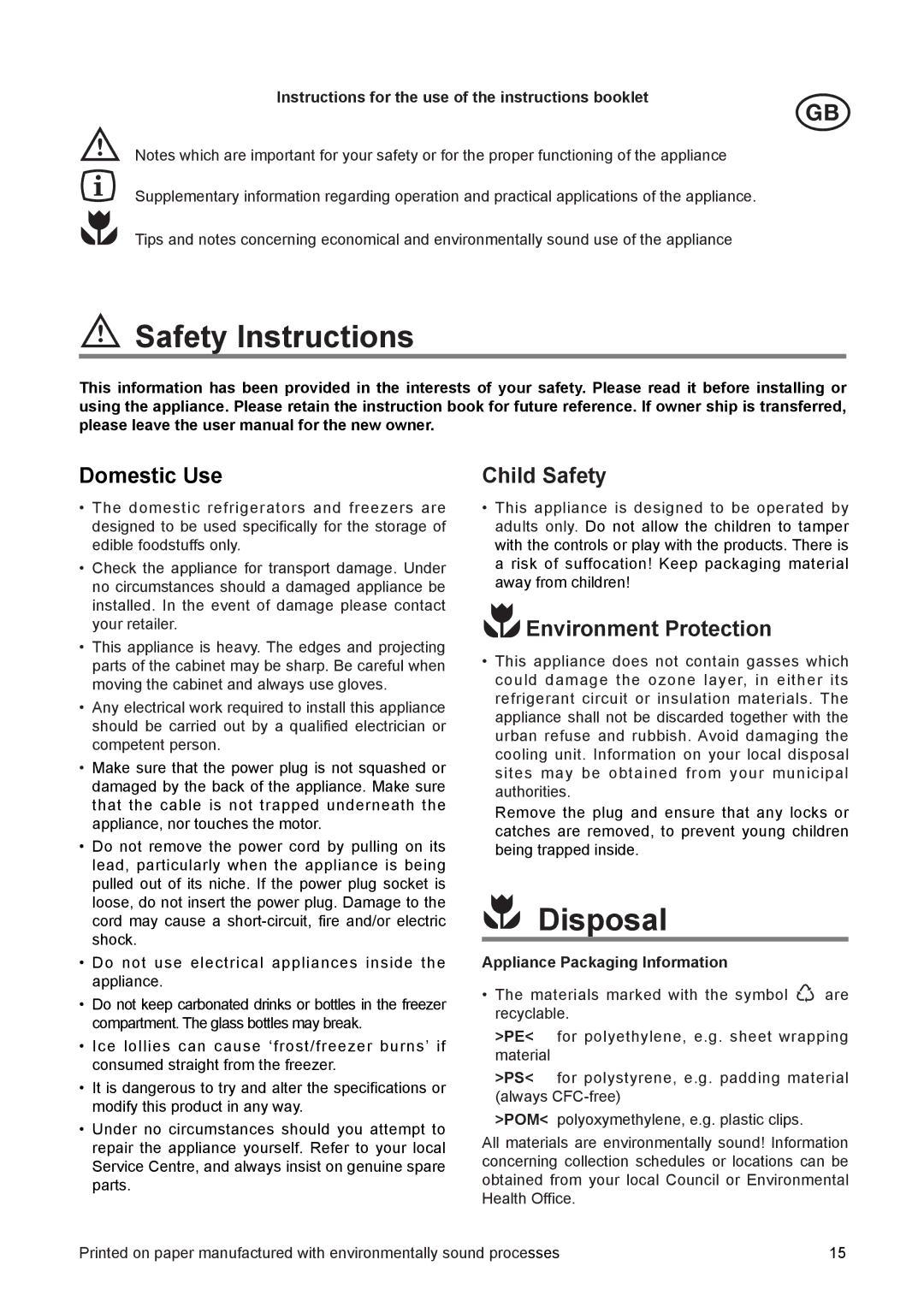 Electrolux JRU 44601 manual Safety Instructions, Disposal, Domestic Use, Child Safety, Environment Protection 