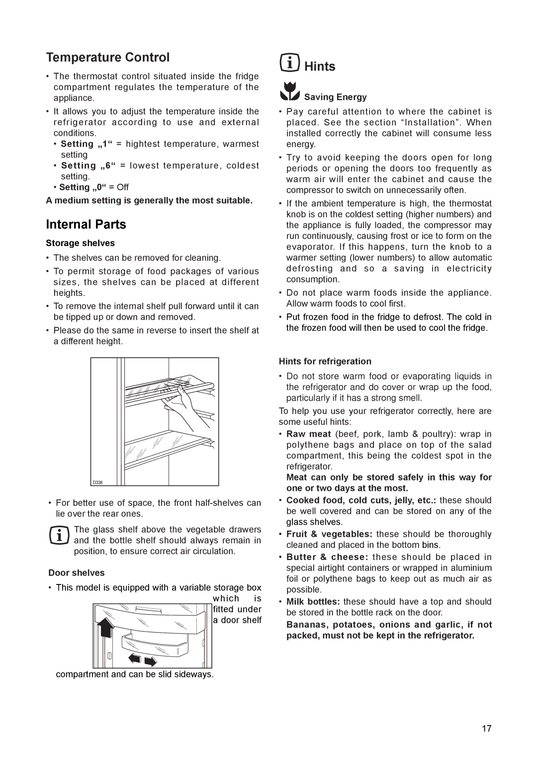 Electrolux JRU 44601 manual Temperature Control, Internal Parts, Hints 