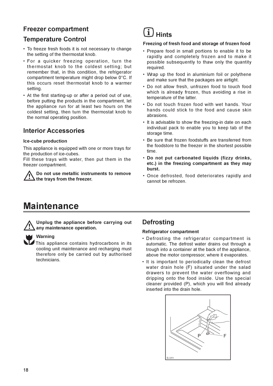 Electrolux JRU 44601 manual Maintenance, Freezer compartment Temperature Control, Interior Accessories, Defrosting 