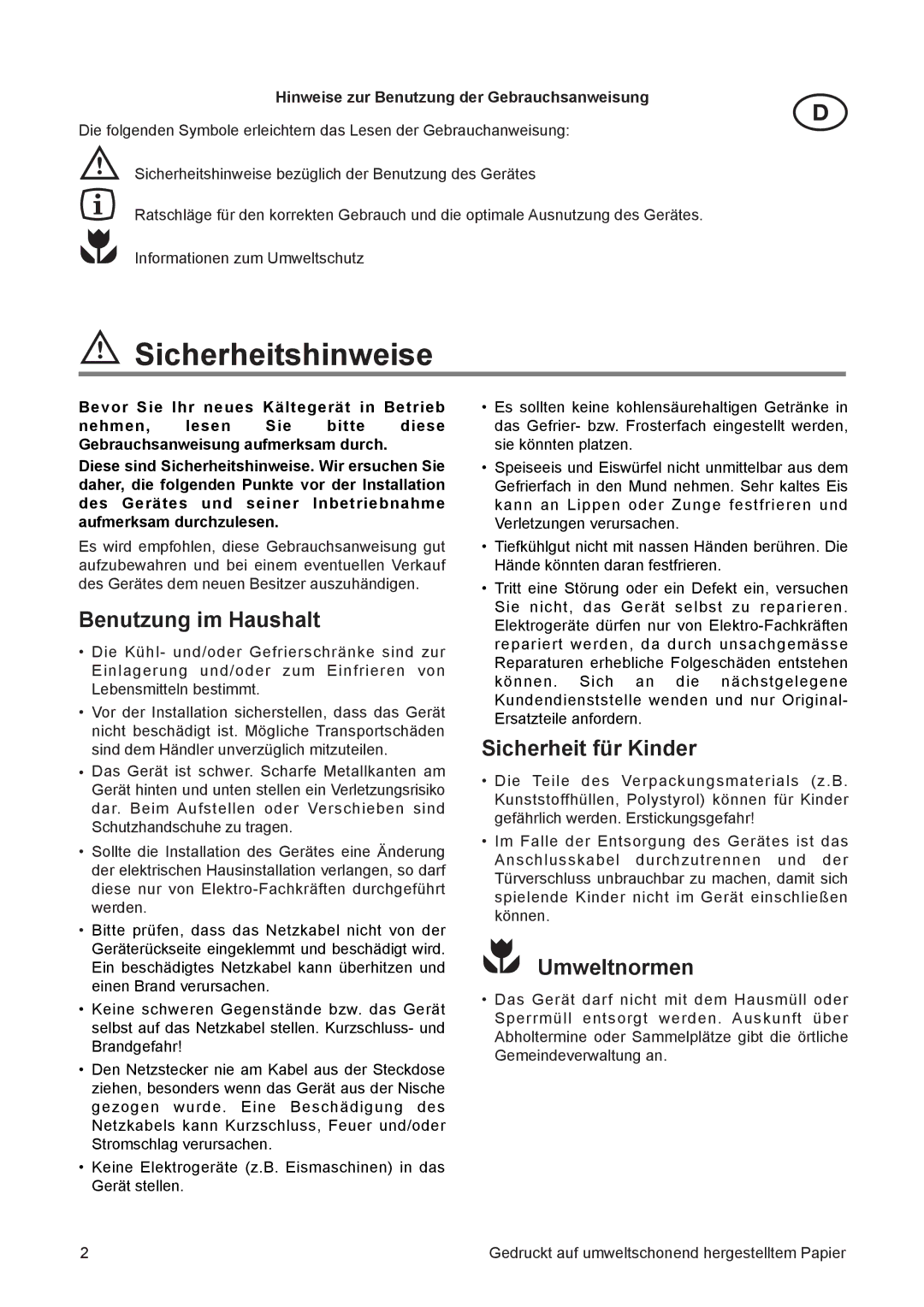 Electrolux JRU 44601 manual Sicherheitshinweise, Benutzung im Haushalt, Sicherheit fŸr Kinder, Umweltnormen 