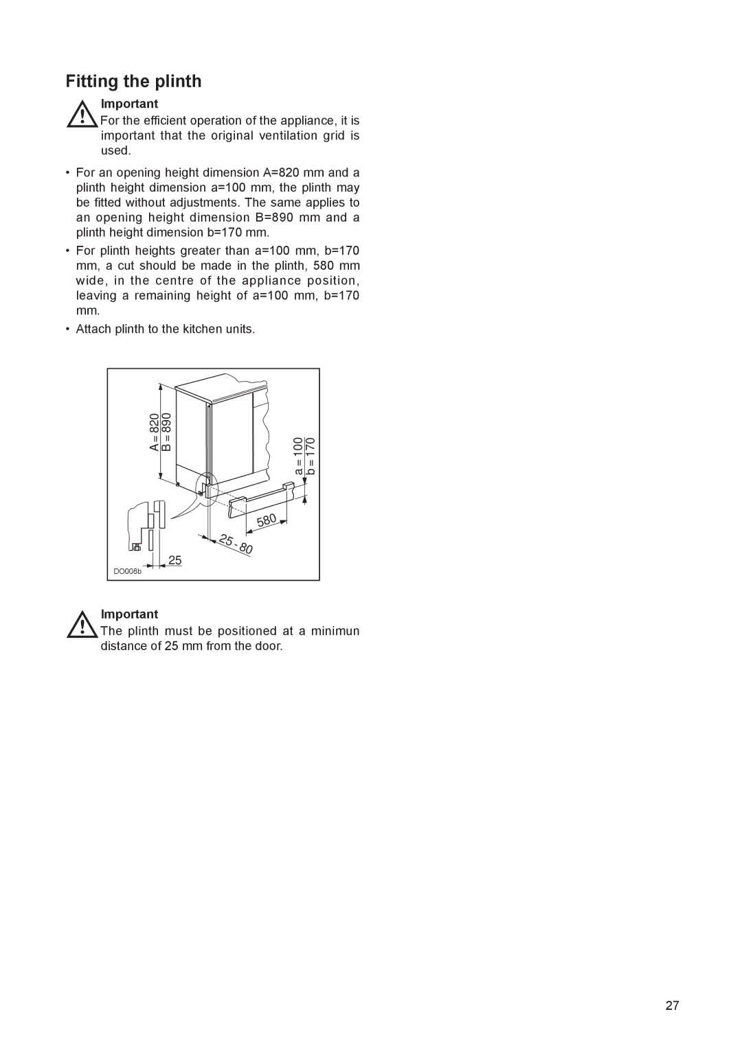 Electrolux JRU 44601 manual Fitting the plinth 