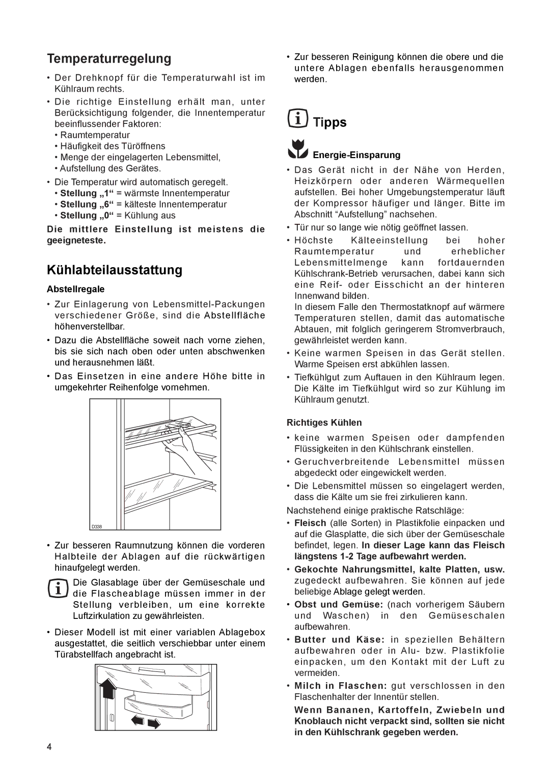 Electrolux JRU 44601 manual Temperaturregelung, KŸhlabteilausstattung, Tipps 