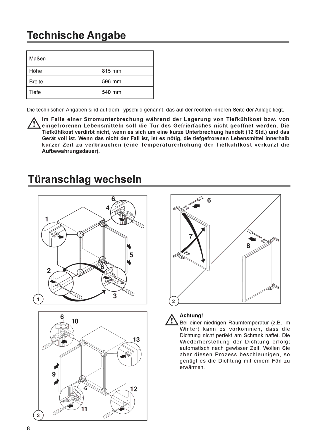 Electrolux JRU 44601 manual Technische Angabe, TŸranschlag wechseln, Achtung 