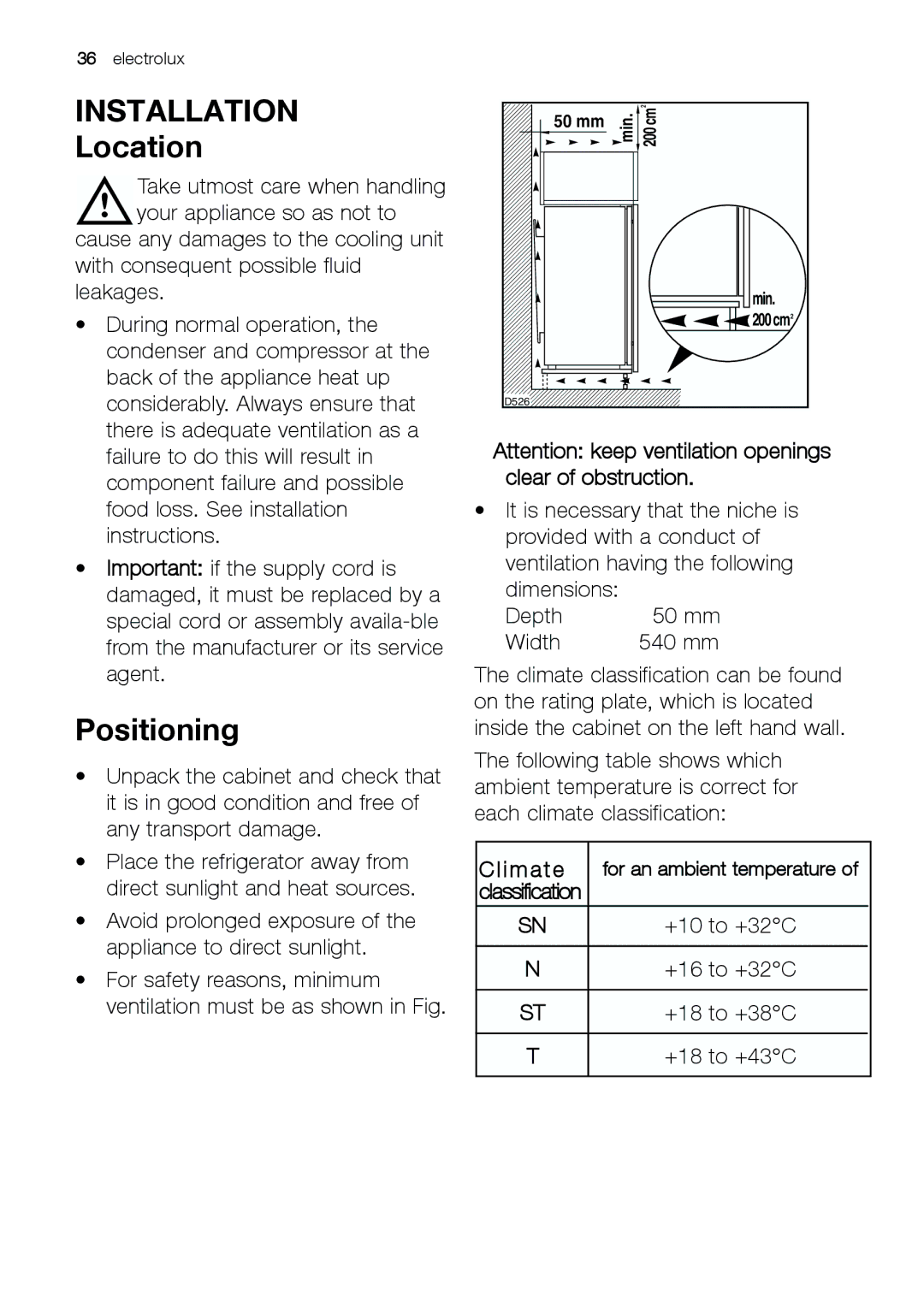 Electrolux JRZ 90120 manual Installation, Location, Positioning 