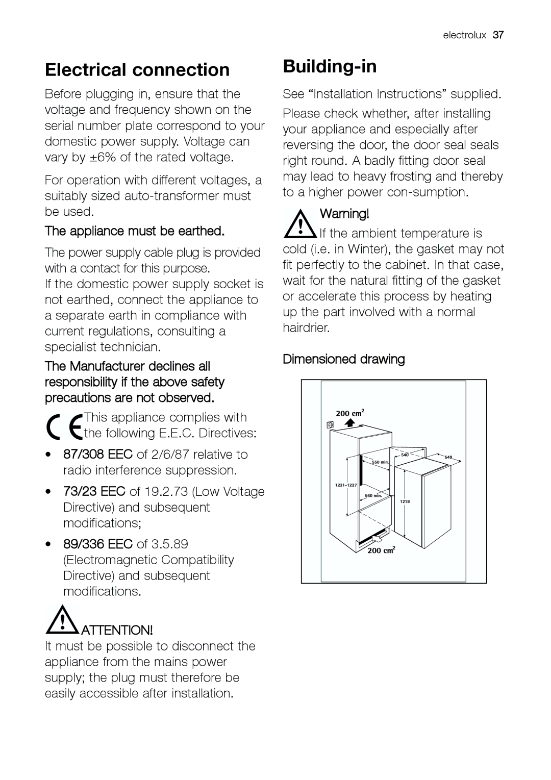 Electrolux JRZ 90120 manual Electrical connection, Building-in 