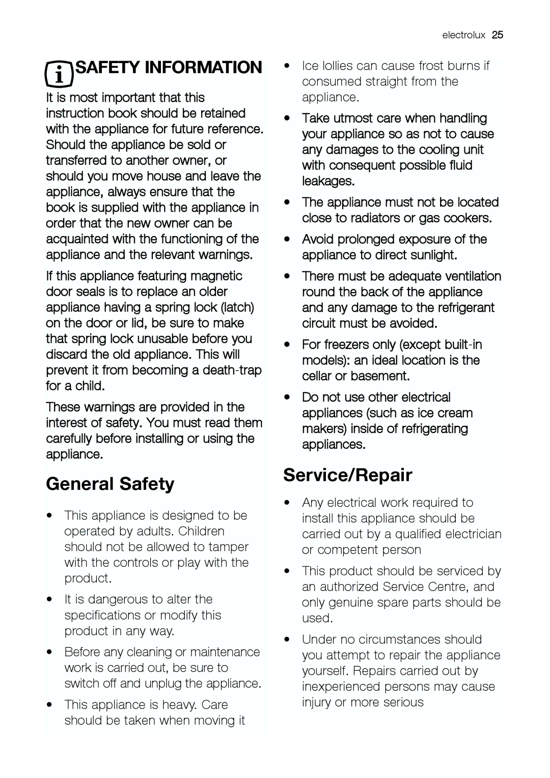 Electrolux JRZ 90120 manual General Safety, Service/Repair 