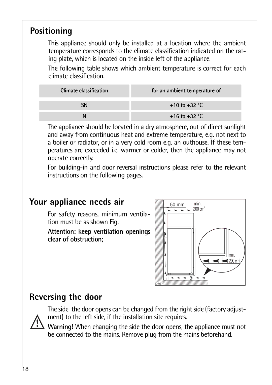 Electrolux K 7 18 40 - 1i installation instructions Positioning, Your appliance needs air, Reversing the door 