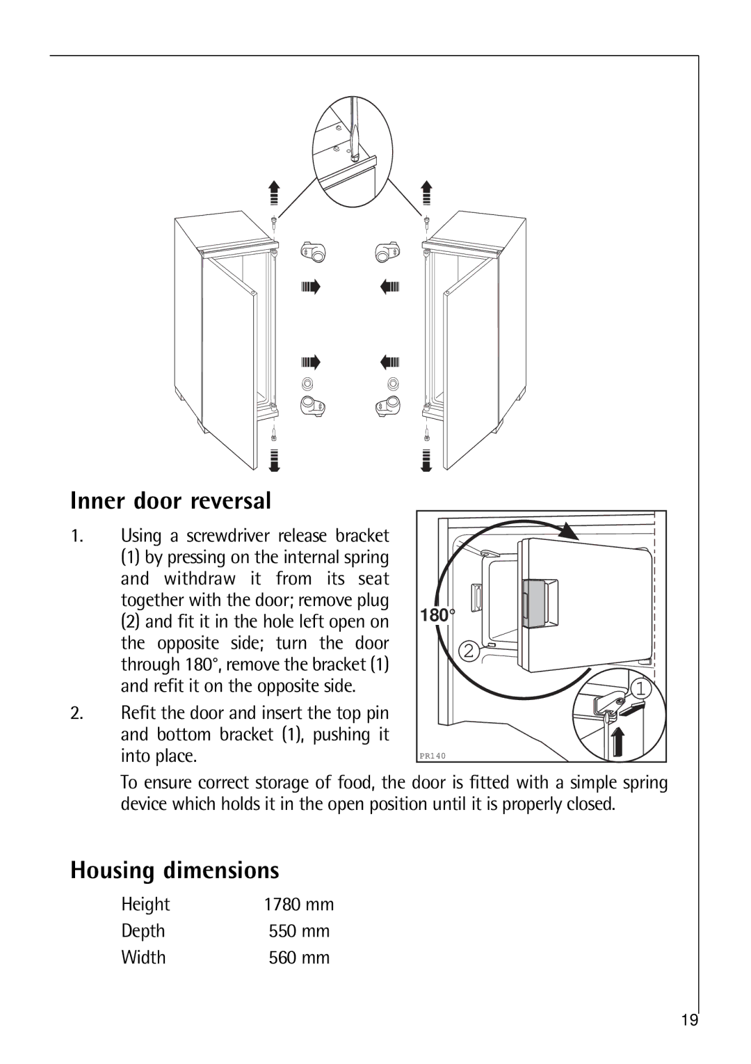 Electrolux K 7 18 40 - 1i installation instructions Inner door reversal, Housing dimensions, Height, Depth, Width 