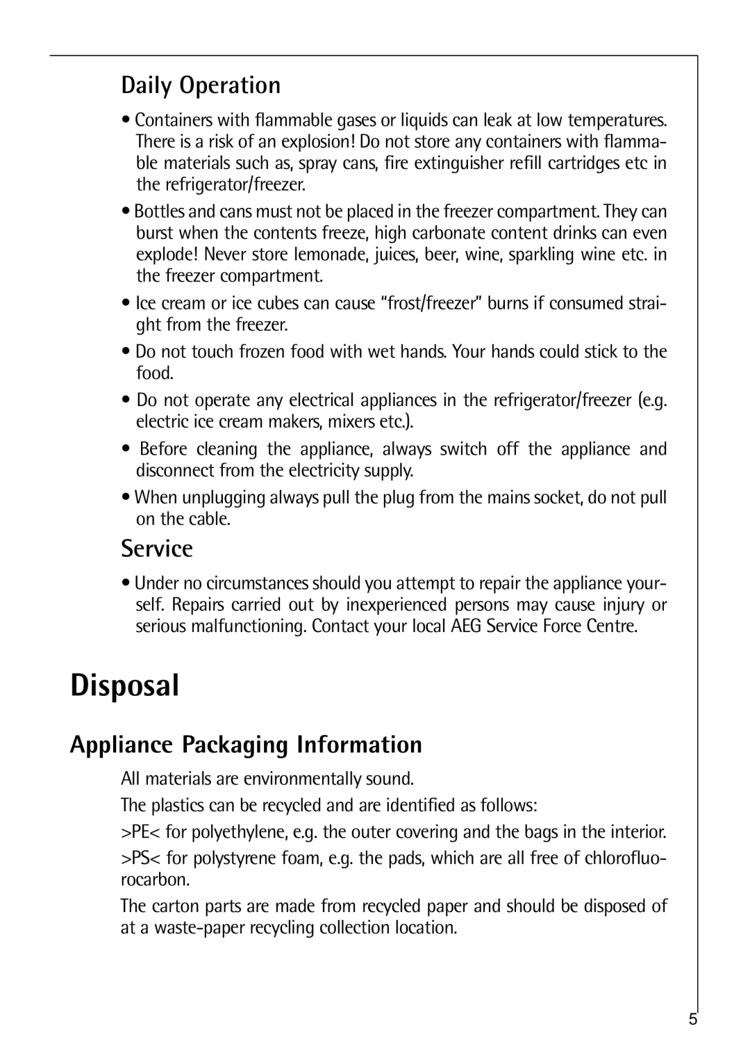 Electrolux K 7 18 40 - 1i installation instructions Disposal, Daily Operation, Service, Appliance Packaging Information 