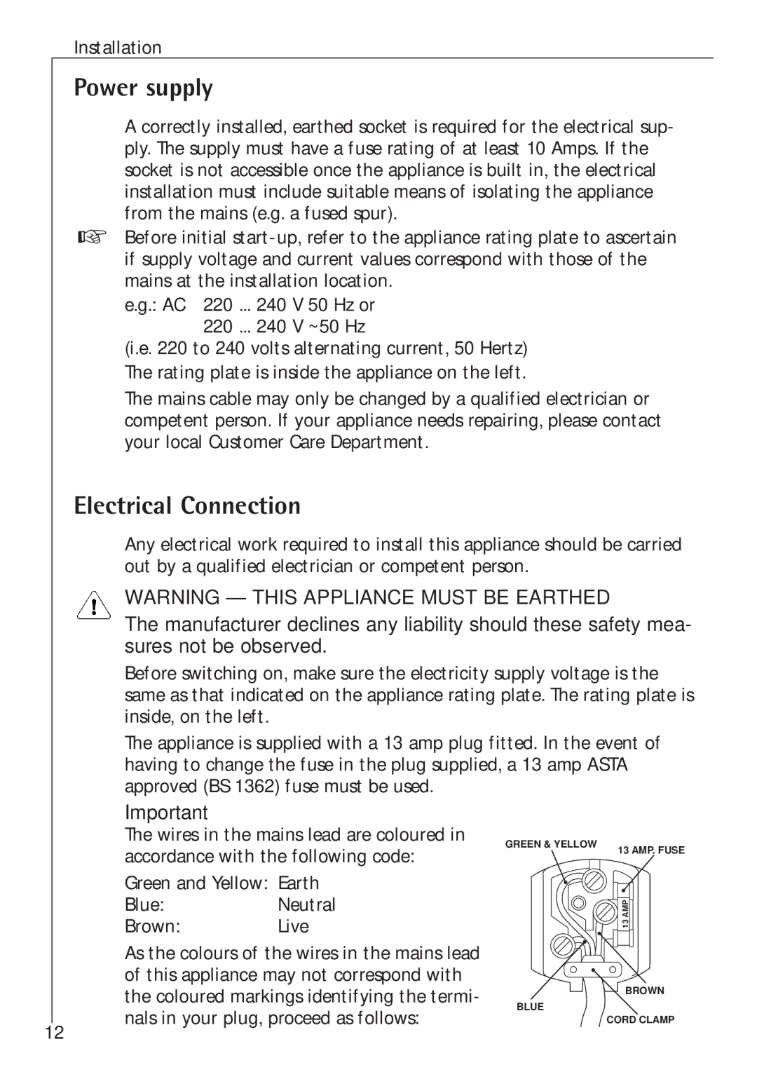 Electrolux K 78800-4 i manual Power supply, Electrical Connection 