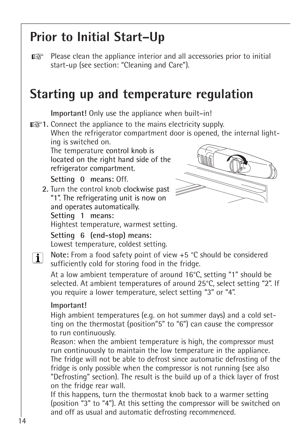 Electrolux K 78800-4 i manual Prior to Initial Start-Up, Starting up and temperature regulation, Setting 0 means Off 