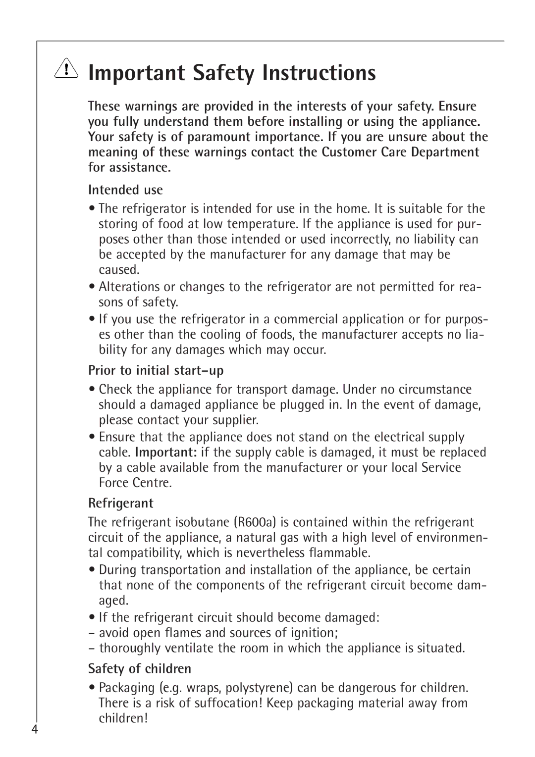 Electrolux K 78800-4 i manual Important Safety Instructions, Prior to initial start-up, Refrigerant, Safety of children 