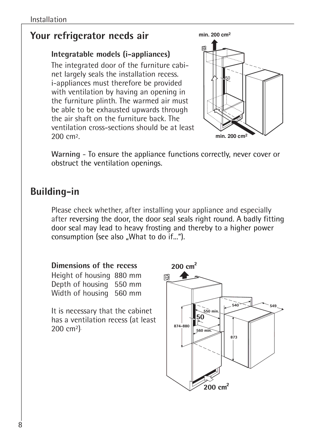 Electrolux K 78800-4 i manual Your refrigerator needs air, Building-in, Integratable models i-appliances 