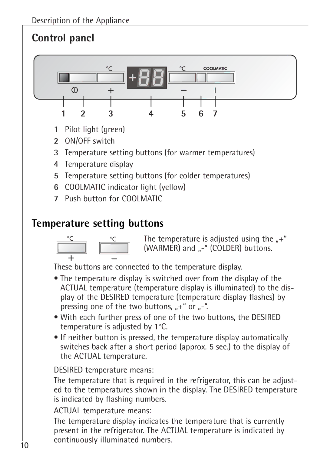 Electrolux K 81200 i, K 88800 i manual Control panel, Temperature setting buttons 