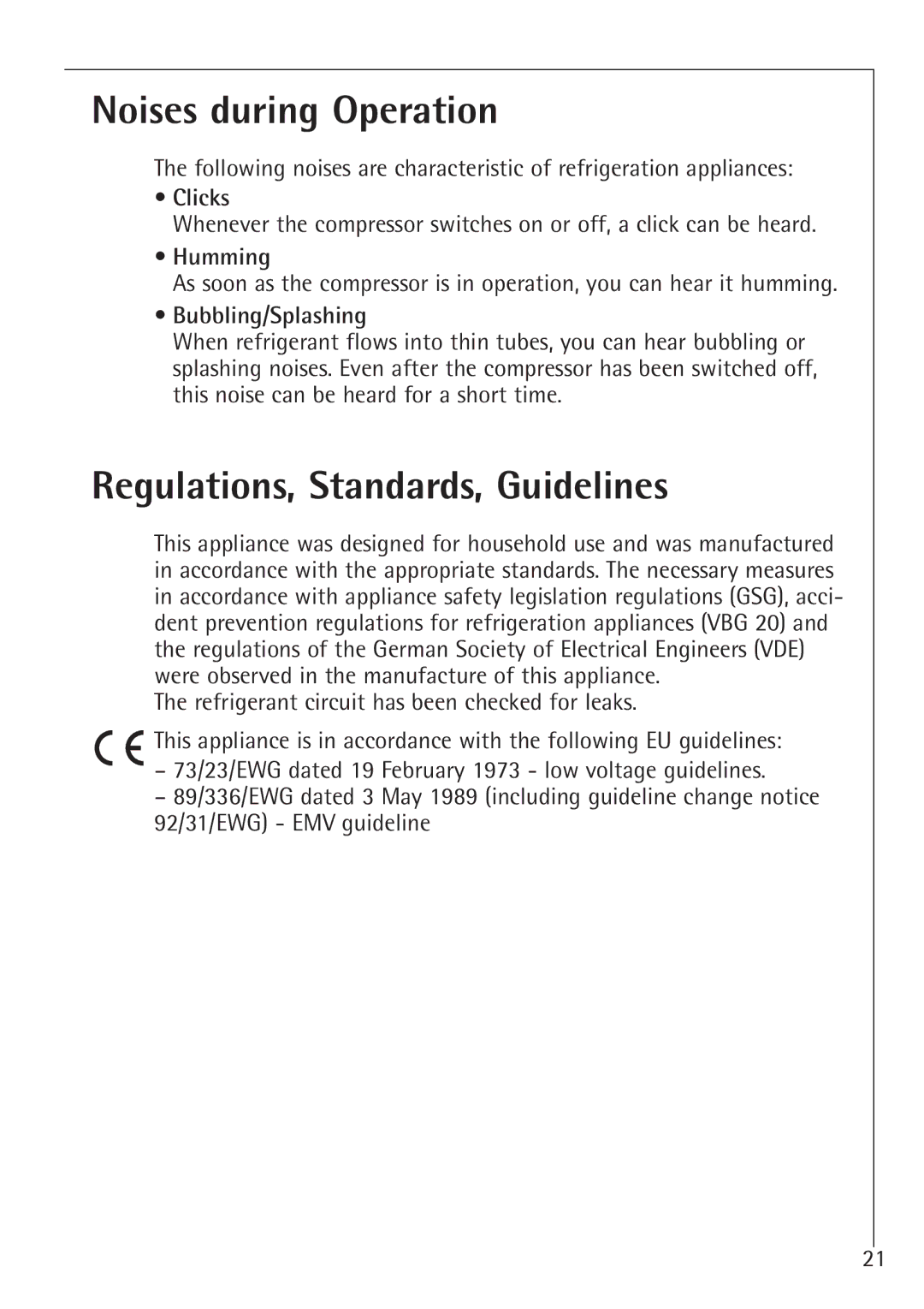 Electrolux K 88800 i Noises during Operation, Regulations, Standards, Guidelines, Clicks, Humming, Bubbling/Splashing 