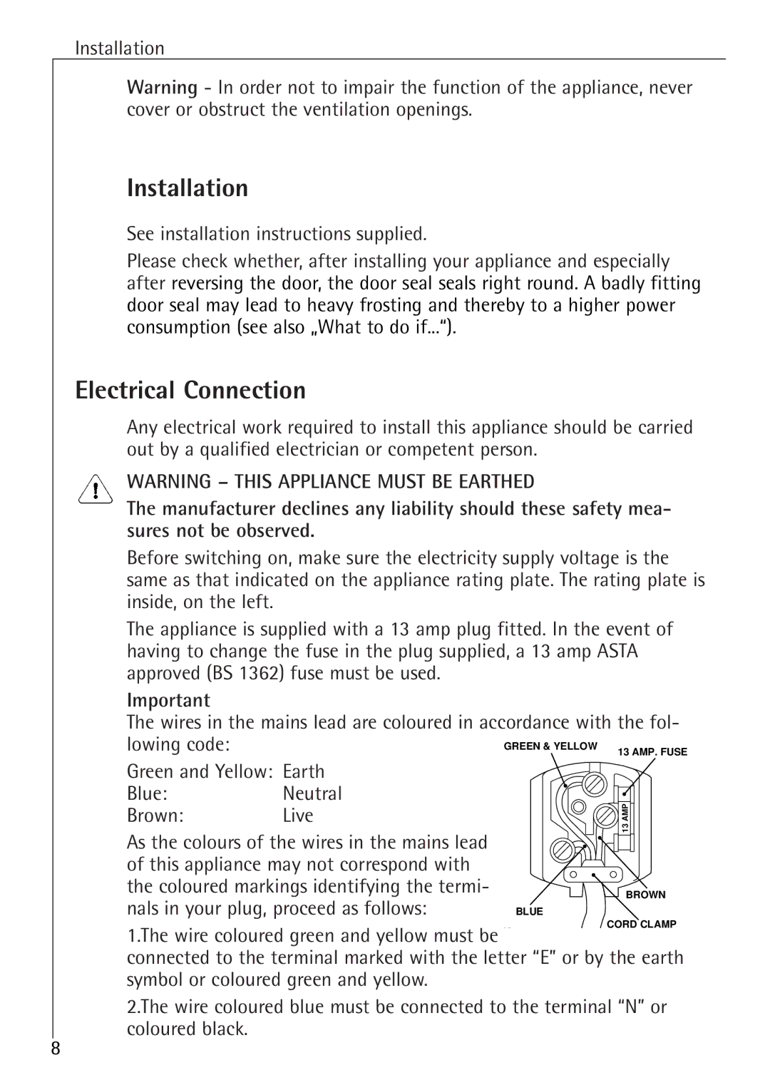 Electrolux K 81200 i, K 88800 i manual Installation, Electrical Connection, Lowing code 