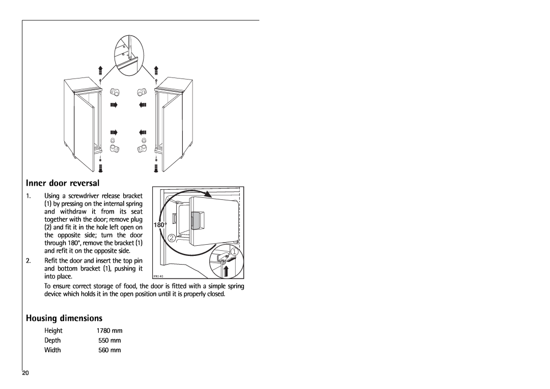 Electrolux K 818 40 i installation instructions Inner door reversal, Housing dimensions, Height, Depth, Width 