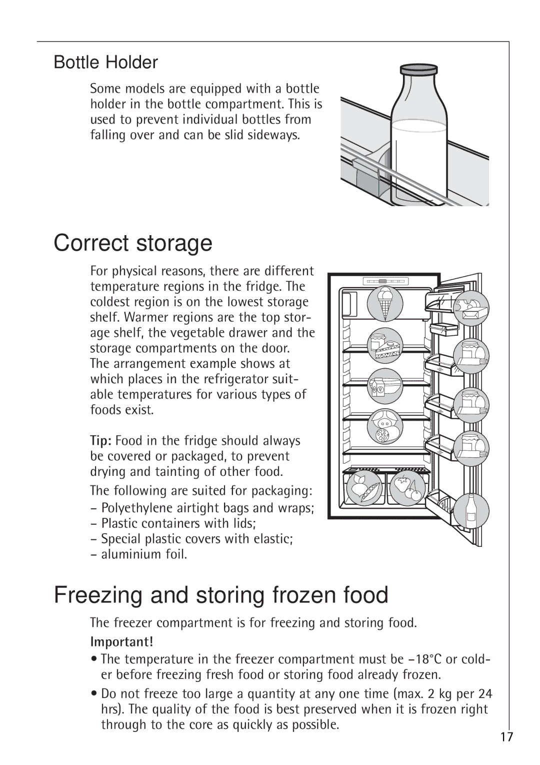 Electrolux K 81240 i, K 88840 i manual Correct storage, Freezing and storing frozen food, Bottle Holder 