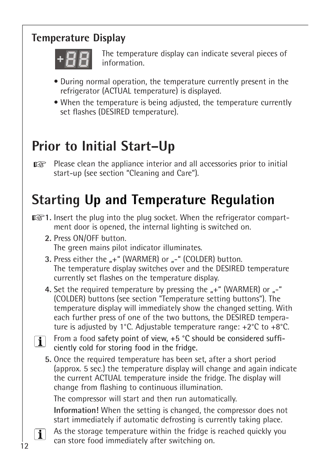 Electrolux K 91200-4i, K 98800-4i Prior to Initial Start-Up, Starting Up and Temperature Regulation, Temperature Display 