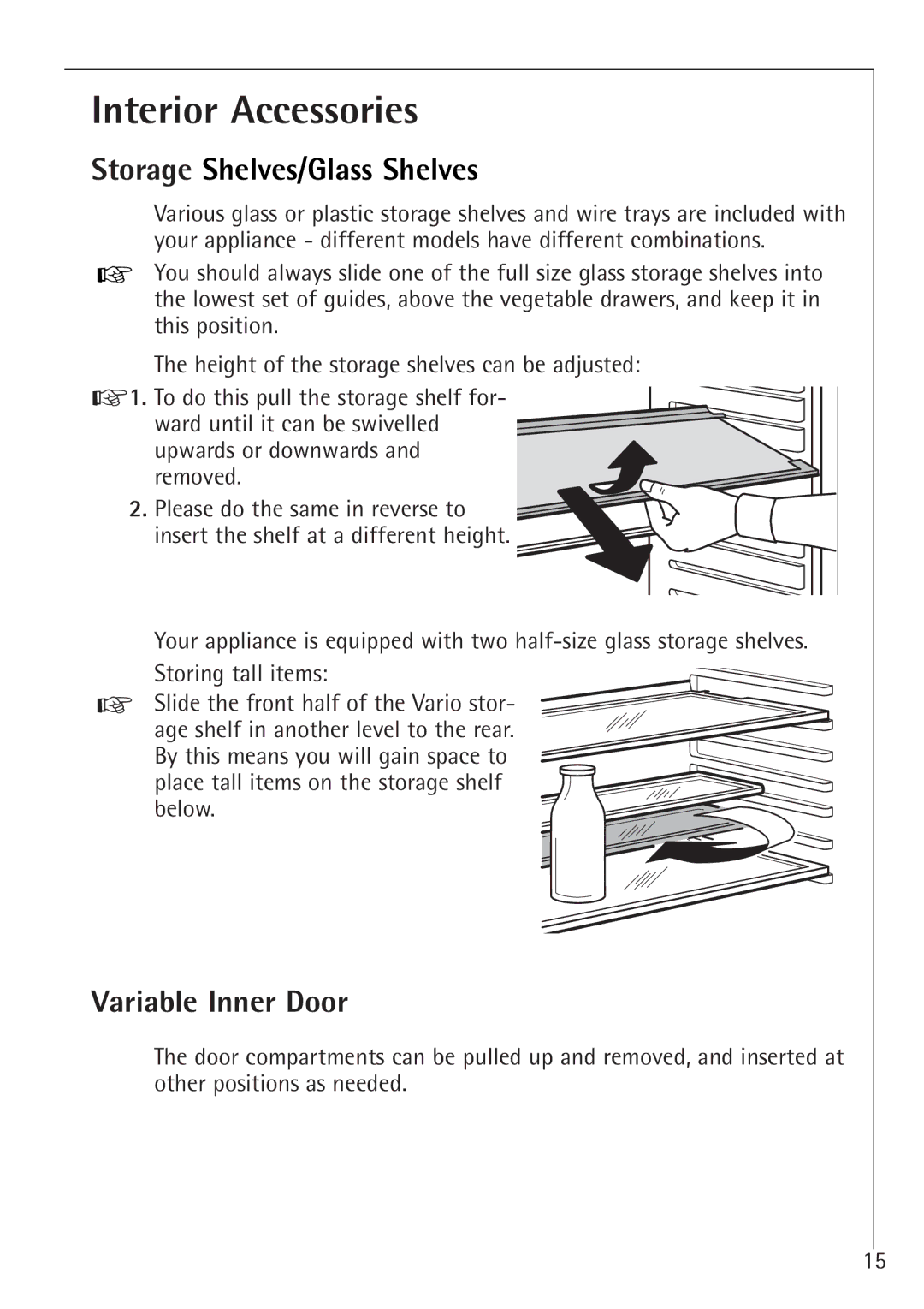 Electrolux K 98800-4i, K 91200-4i manual Interior Accessories, Storage Shelves/Glass Shelves, Variable Inner Door 