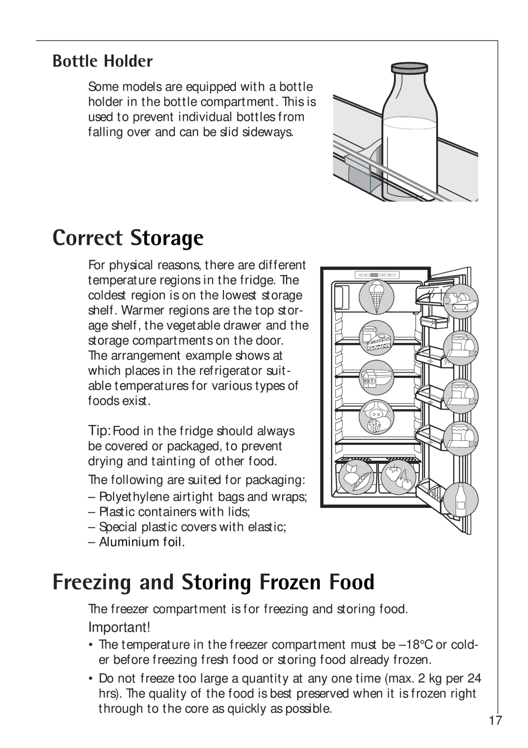 Electrolux K 91240-4 i, K 98840-4 i manual Correct Storage, Freezing and Storing Frozen Food, Bottle Holder 