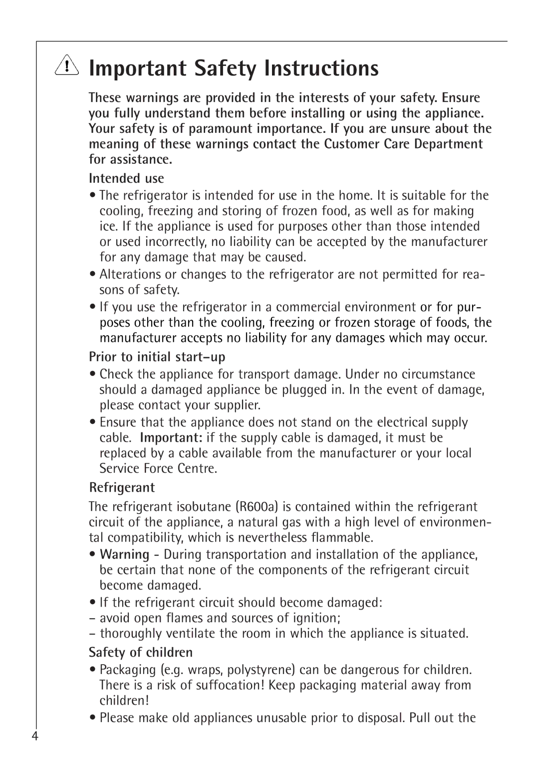 Electrolux K 98840-4 i manual Important Safety Instructions, Prior to initial start-up, Refrigerant, Safety of children 