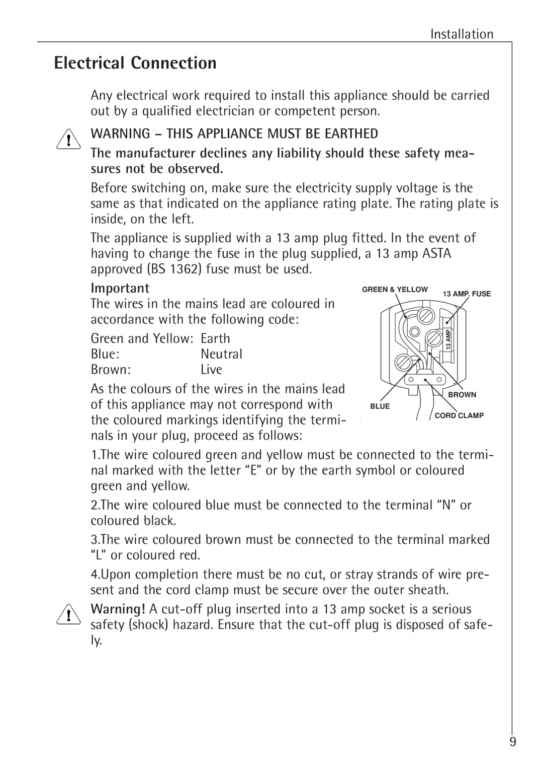 Electrolux K 91240-4 i, K 98840-4 i manual Electrical Connection, Green and Yellow Earth BlueNeutral BrownLive 