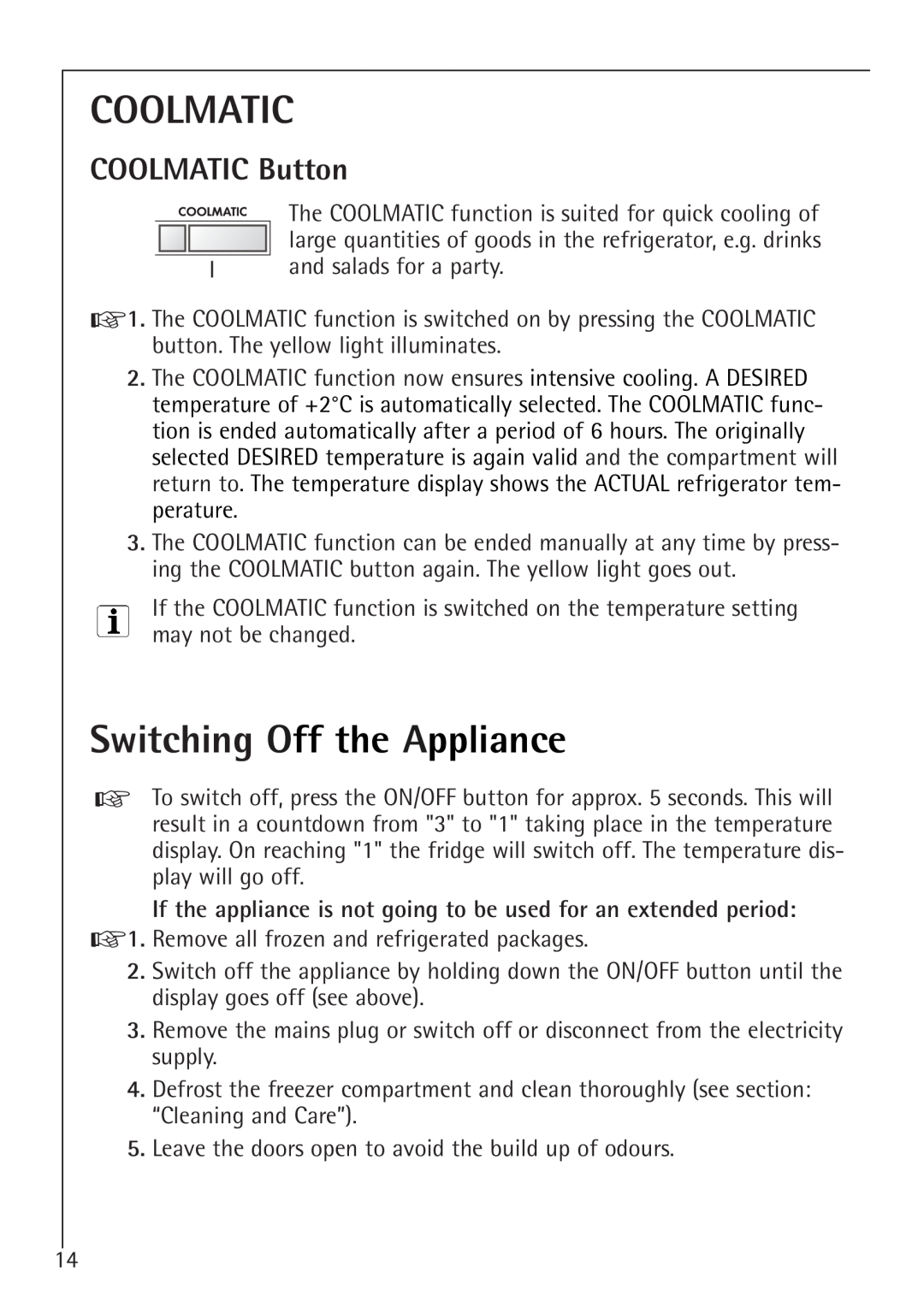 Electrolux K 98840-4 i, K 91240-4 i manual Coolmatic, Switching Off the Appliance, COOLMATIC Button 