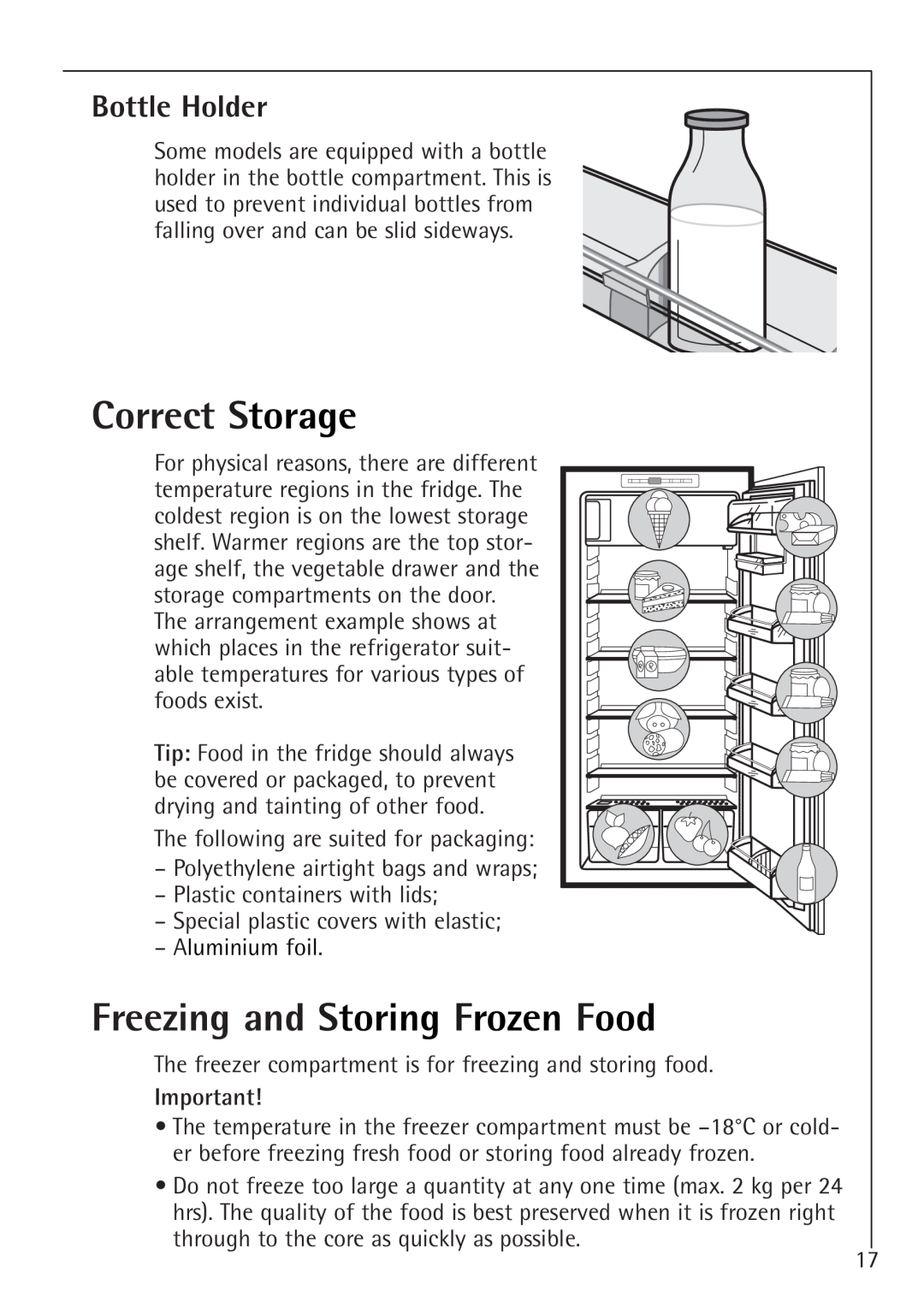 Electrolux K 91240-4 i, K 98840-4 i manual Correct Storage, Freezing and Storing Frozen Food, Bottle Holder 