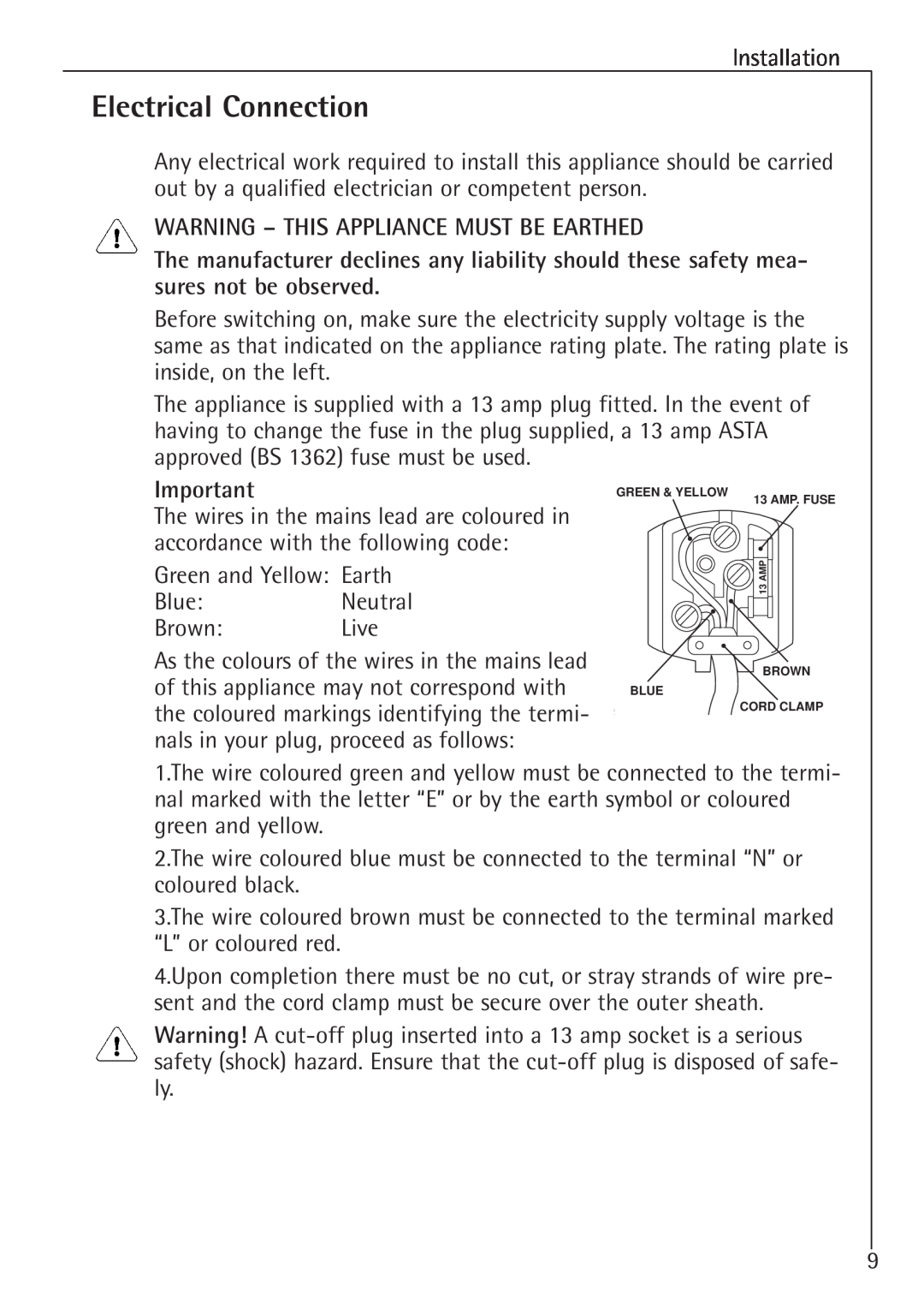 Electrolux K 91240-4 i, K 98840-4 i manual Electrical Connection, Warning - This Appliance Must Be Earthed 
