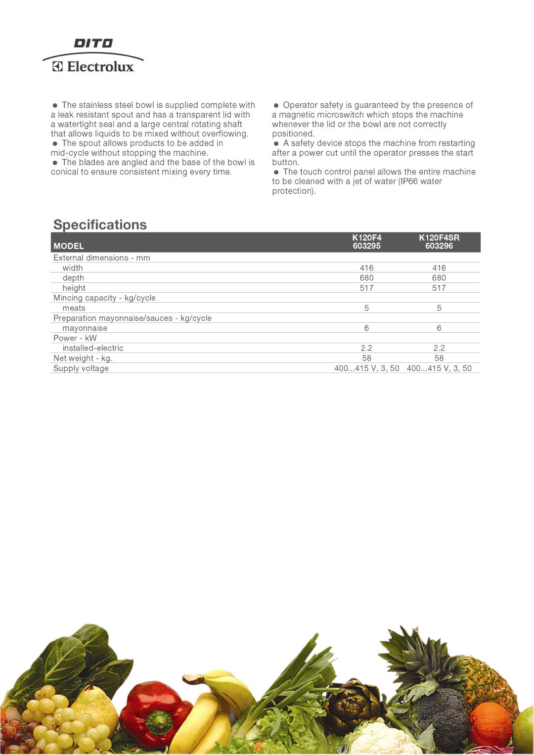 Electrolux manual Specifications, K120F4 K120F4SR, Model, 603295 