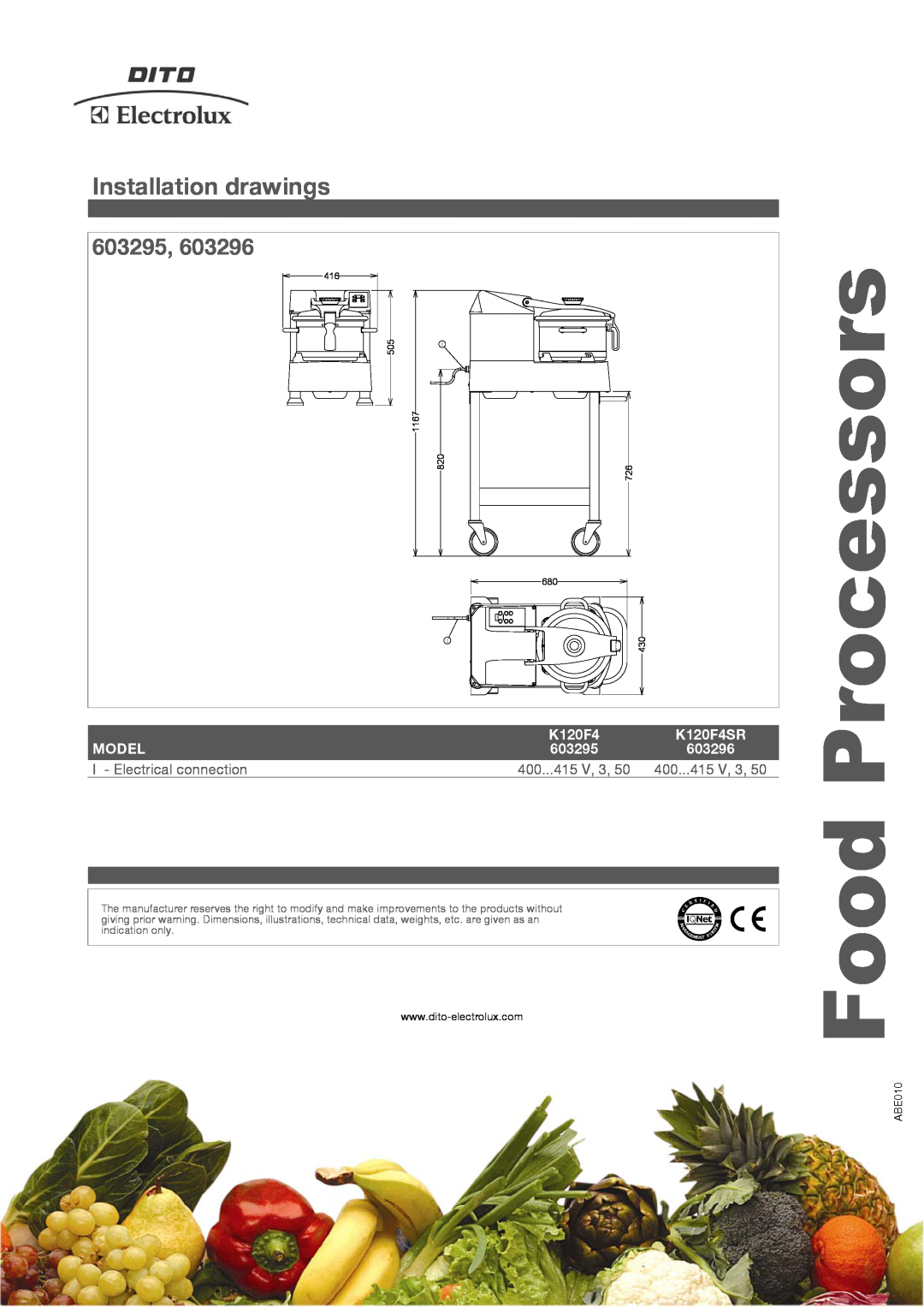 Electrolux K120F4SR Installation drawings, 603295, Food Processors, Model, 603296, I - Electrical connection, ABE010, 1167 